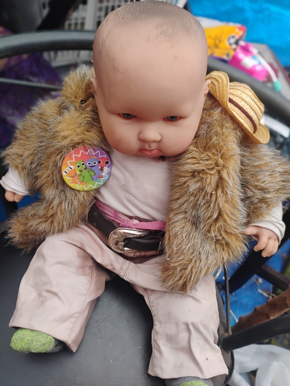 Baby Boy Doll in Brown Faux Fur Coat